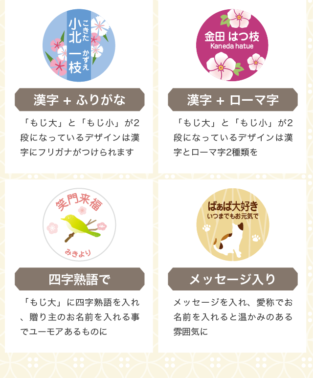 「漢字 + ふりがな」「漢字 + ローマ字」「四字熟語で」「メッセージ入り」