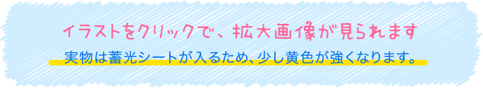 イラストをクリックで、拡大画像が見られます 実物は蓄光シートが入るため、少し黄色が強くなります。