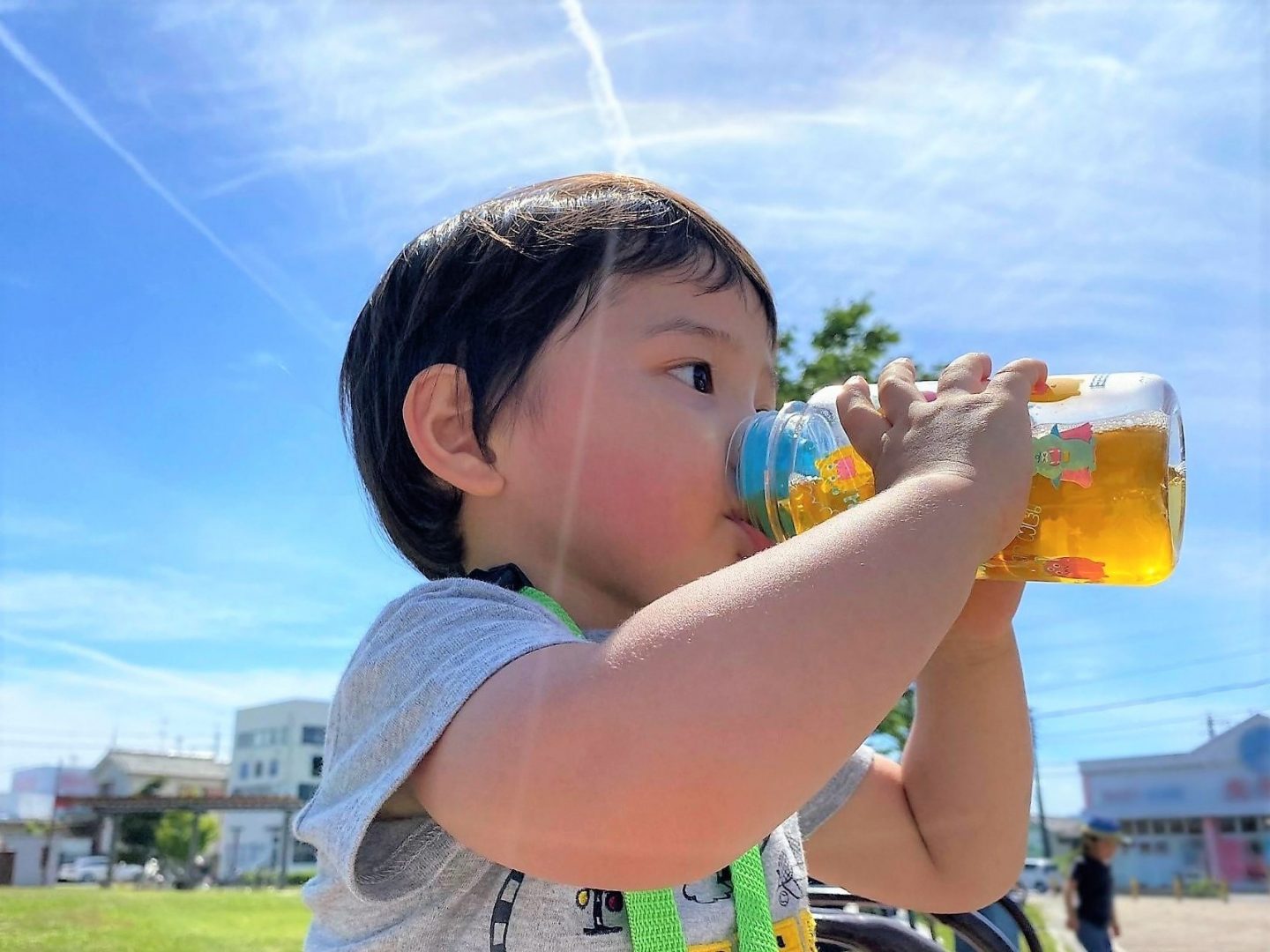 水分補給をする保育園児の男の子