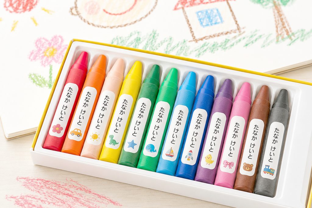 お名前シールが貼られたクレヨン12本セット