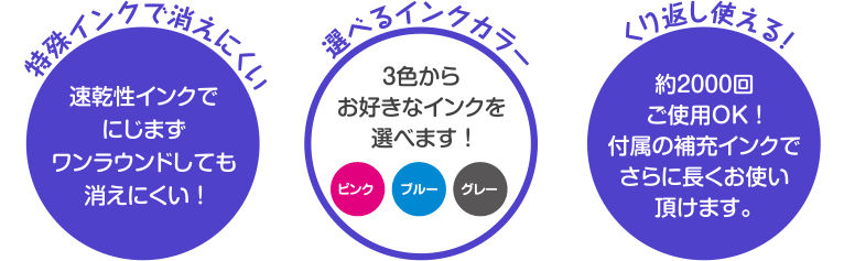 　特殊インクで消えにくい 選べるインクカラー くり返し使える！