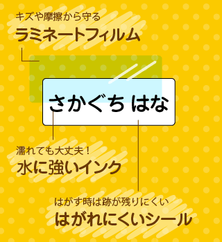 キズや摩擦から守るラミネートフィルム・濡れても大丈夫！水に強いインク・はがす時は跡が残りにくい、はがれにくいシール