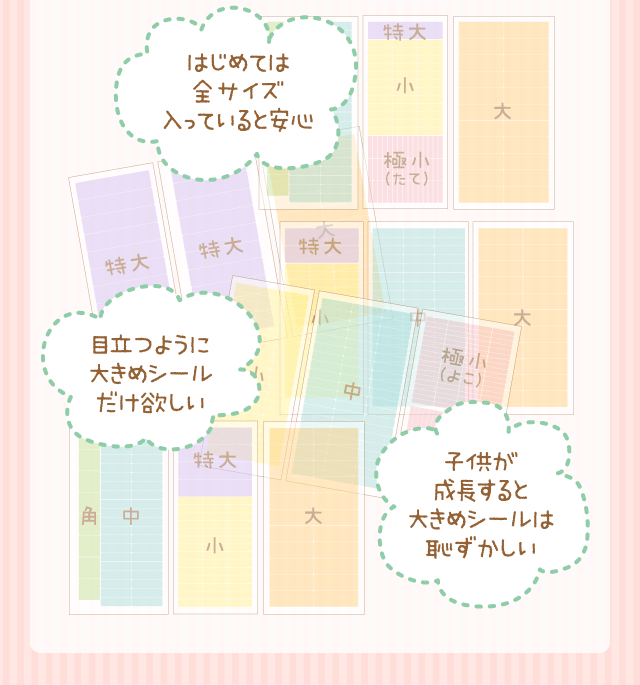 「はじめては全サイズ入っていると安心」「目立つように大きめシールだけ欲しい」「子供が成長すると大きめシールは恥ずかしい」