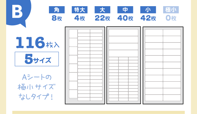 「Bシート：116枚入５サイズ」Aシートの極小サイズなしタイプ！