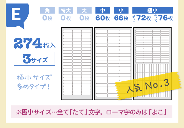 「Eシート：172枚入4サイズ」極小サイズ多めタイプ！