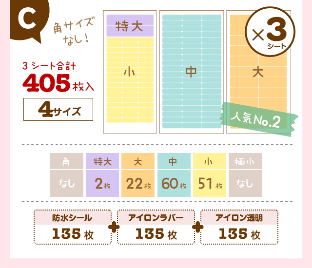 「Cシート：405枚入4サイズ」角サイズなしタイプ！で人気No.1