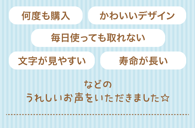 「何度も購入／かわいいデザイン／毎日使っても取れない／文字が見やすい／寿命が長い／などのうれしいお声をいただきました☆