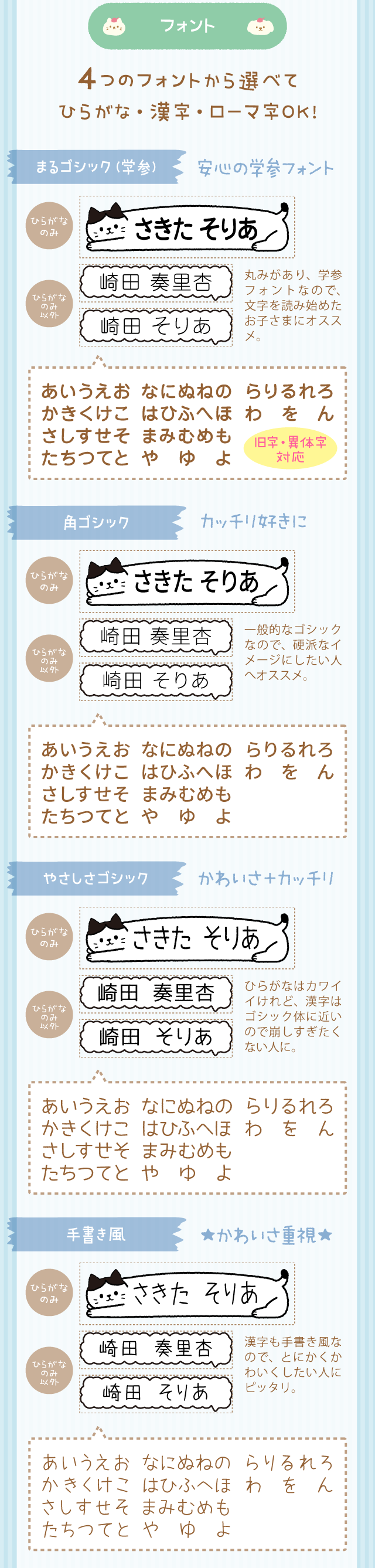 「フォント」4つのフォントから選べてひらがな・漢字・ローマ字OK!