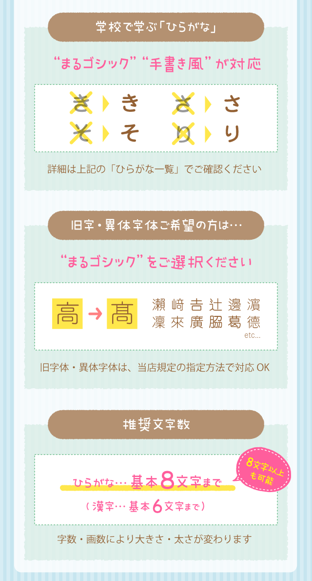 学校で学ぶ「ひらがな」 “まるゴシック”  “手書き風” が対応。旧字・異体字体ご希望の方は…旧字体・異体字体は、当店規定の指定方法で対応OK