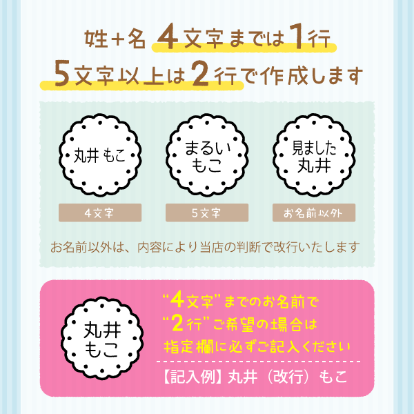 姓+名 4文字までは1行5文字以上は2行で作成します