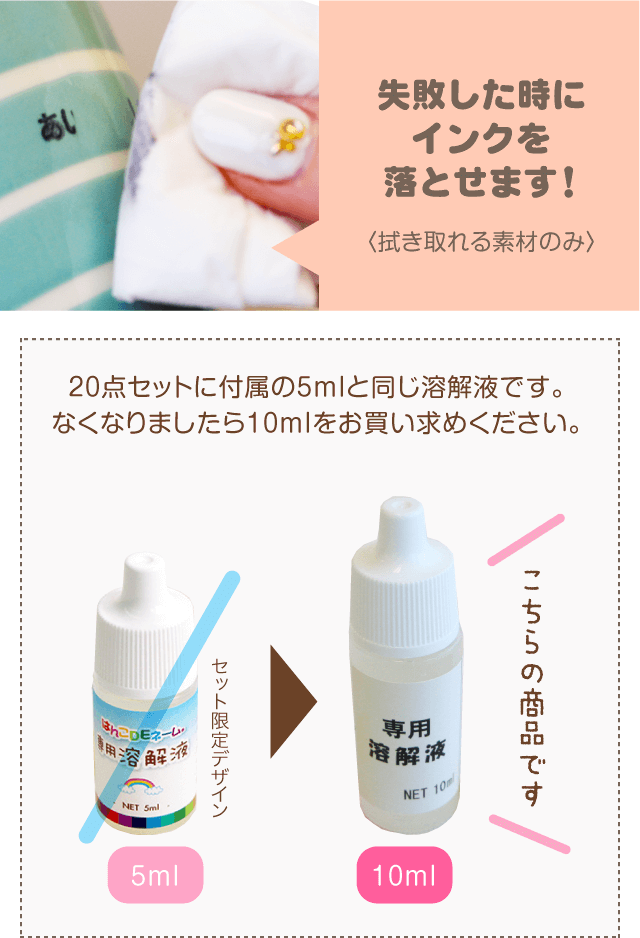 失敗した時にインクを落とせます!〈拭き取れる素材のみ〉20点セットに付属の5mlと同じ溶解液です。なくなりましたら10mlをお買い求めください。